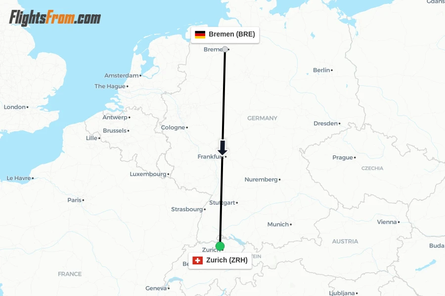 Flights from Bremen to Zurich route map