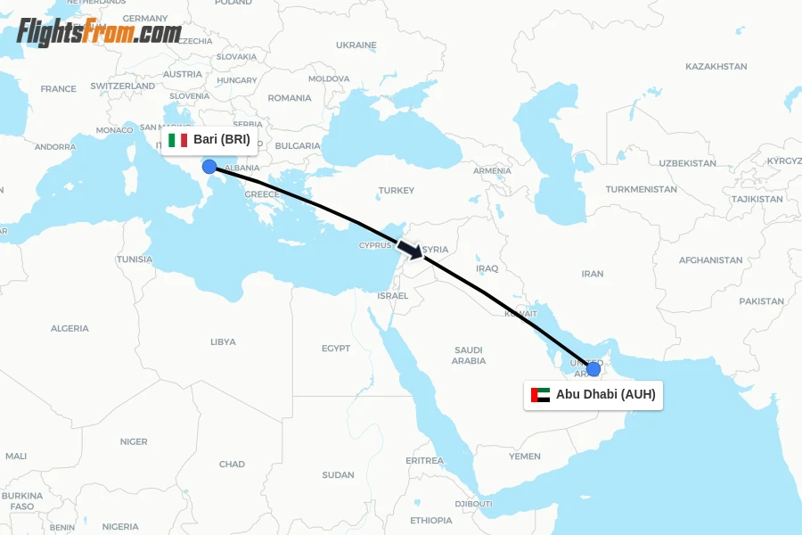 Flights from Bari to Abu Dhabi route map