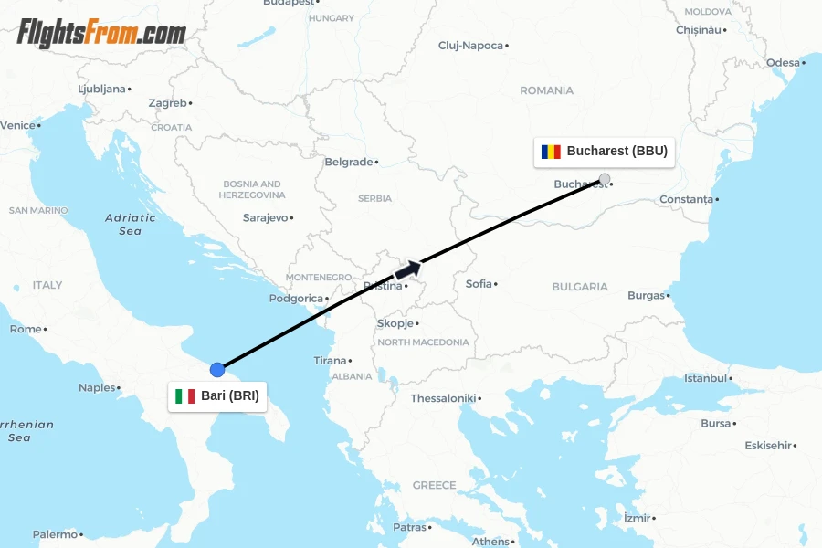 Flights from Bari to Bucharest route map