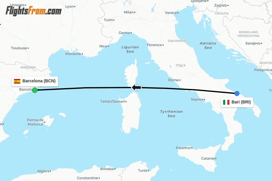 Flights from Bari to Barcelona route map