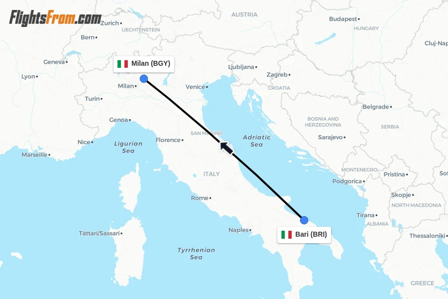 Flights from Bari to Milan route map