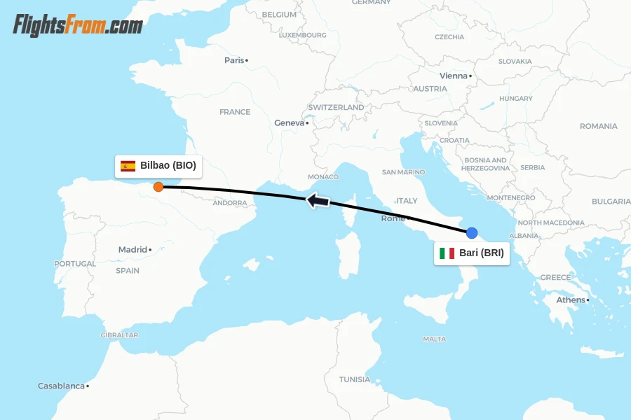 Flights from Bari to Bilbao route map