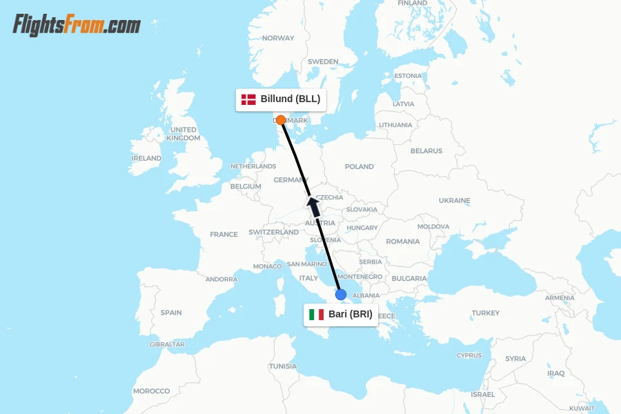 Flights from Bari to Billund route map