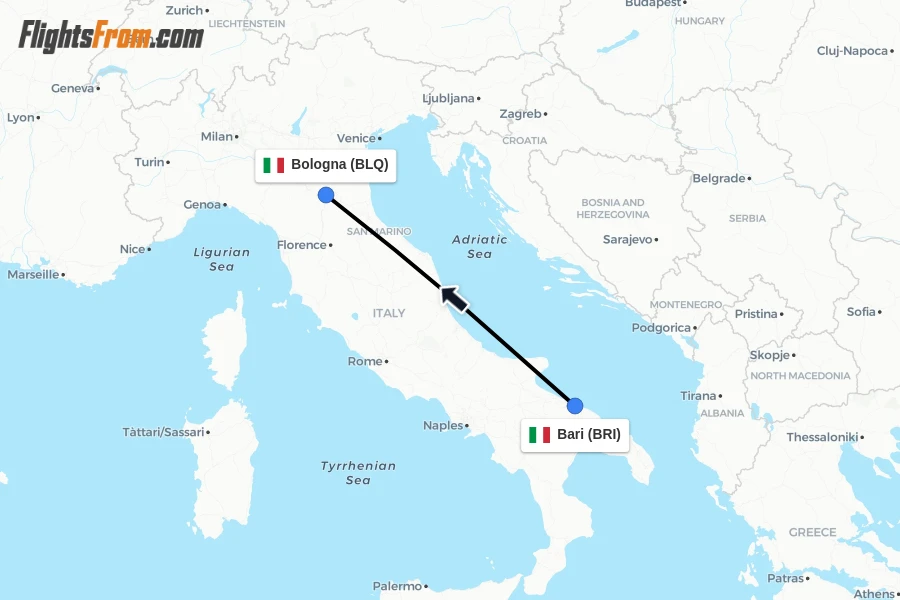 Flights from Bari to Bologna route map