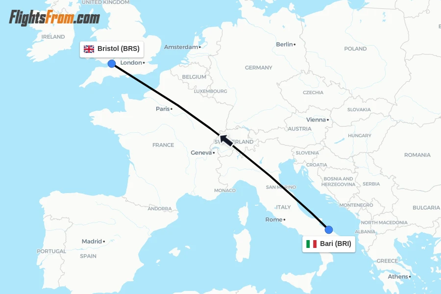 Flights from Bari to Bristol route map