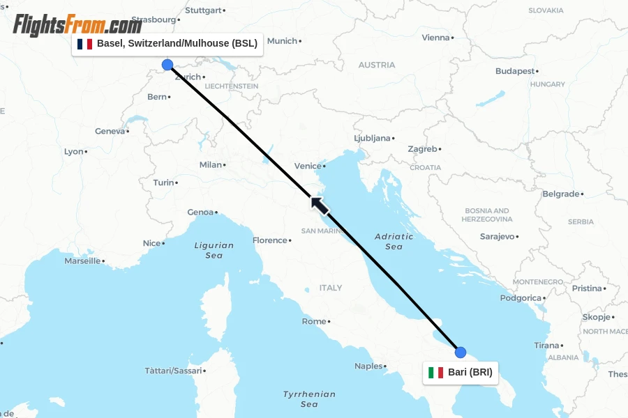 Flights from Bari to Basel, Switzerland/Mulhouse route map