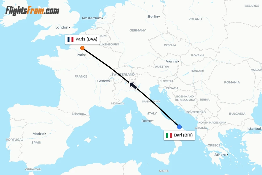 Flights from Bari to Paris route map