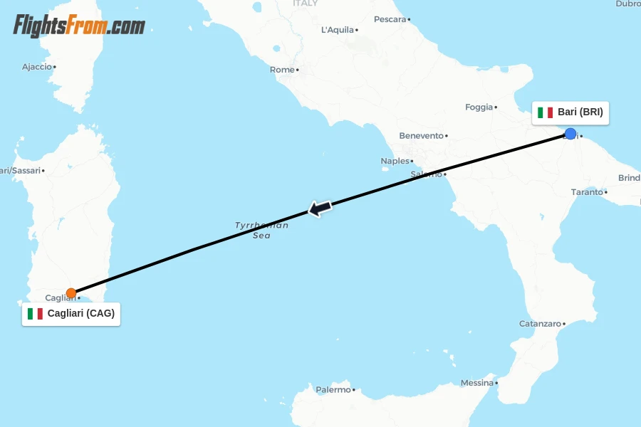 Flights from Bari to Cagliari route map