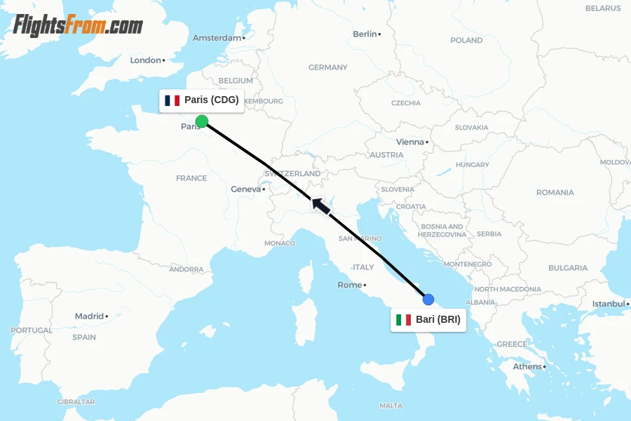 Flights from Bari to Paris route map