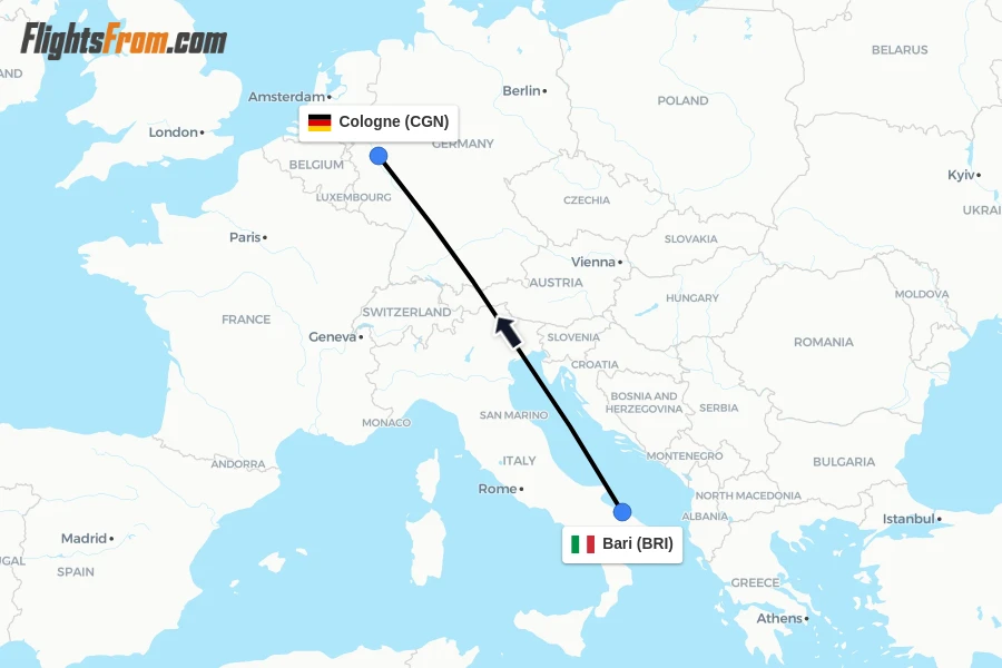 Flights from Bari to Cologne route map