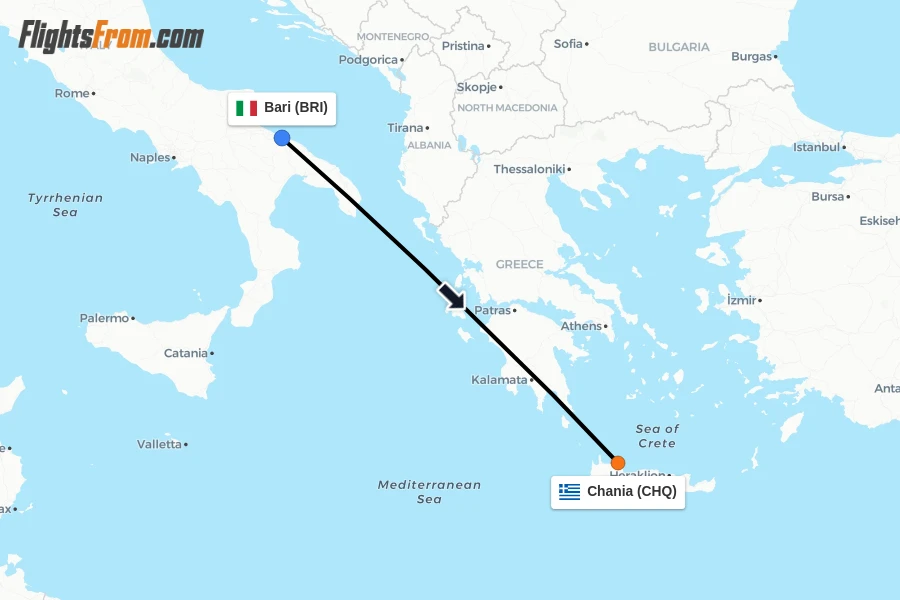 Flights from Bari to Chania route map