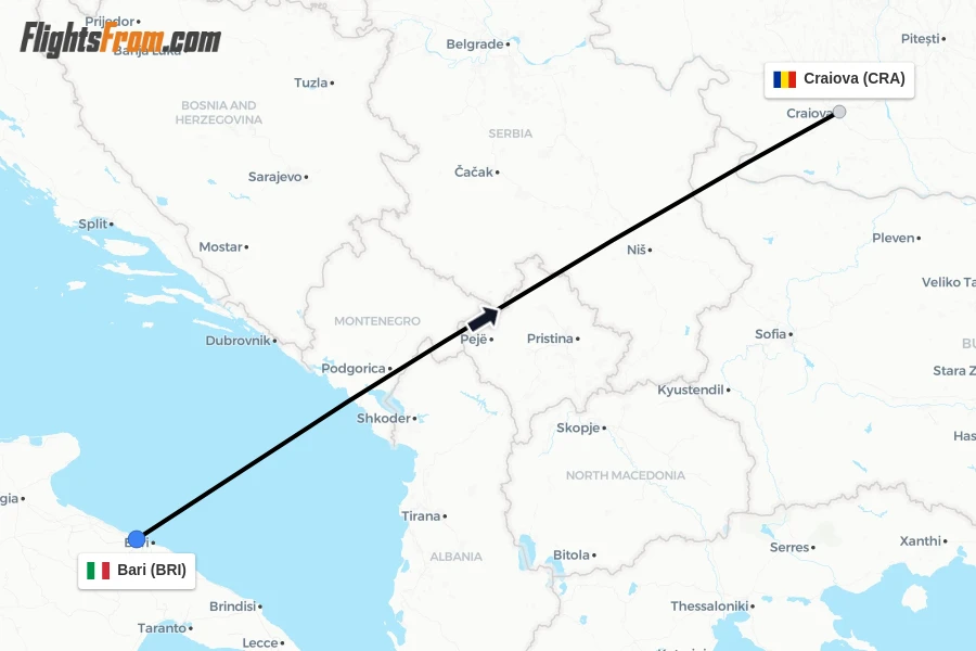 Flights from Bari to Craiova route map