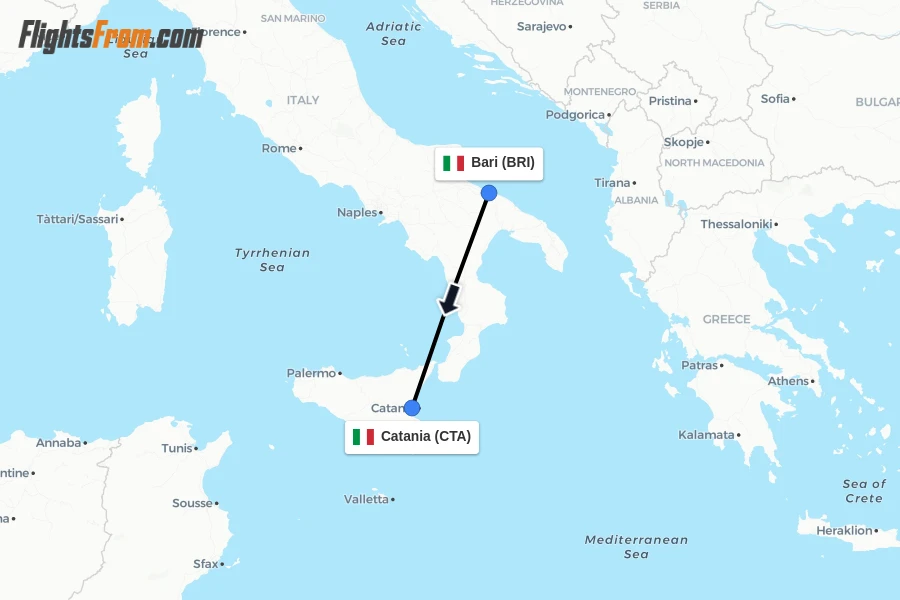 Flights from Bari to Catania route map