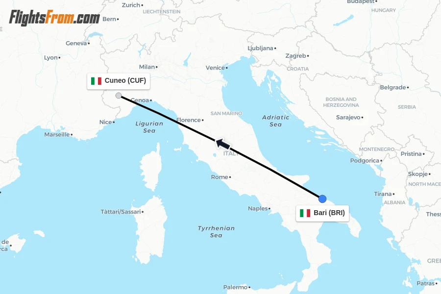 Flights from Bari to Cuneo route map
