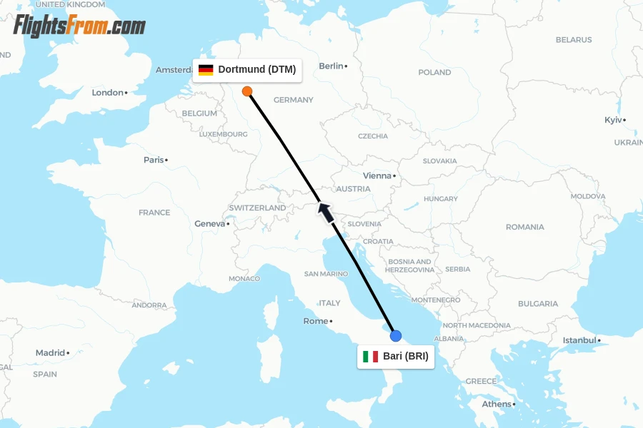 Flights from Bari to Dortmund route map