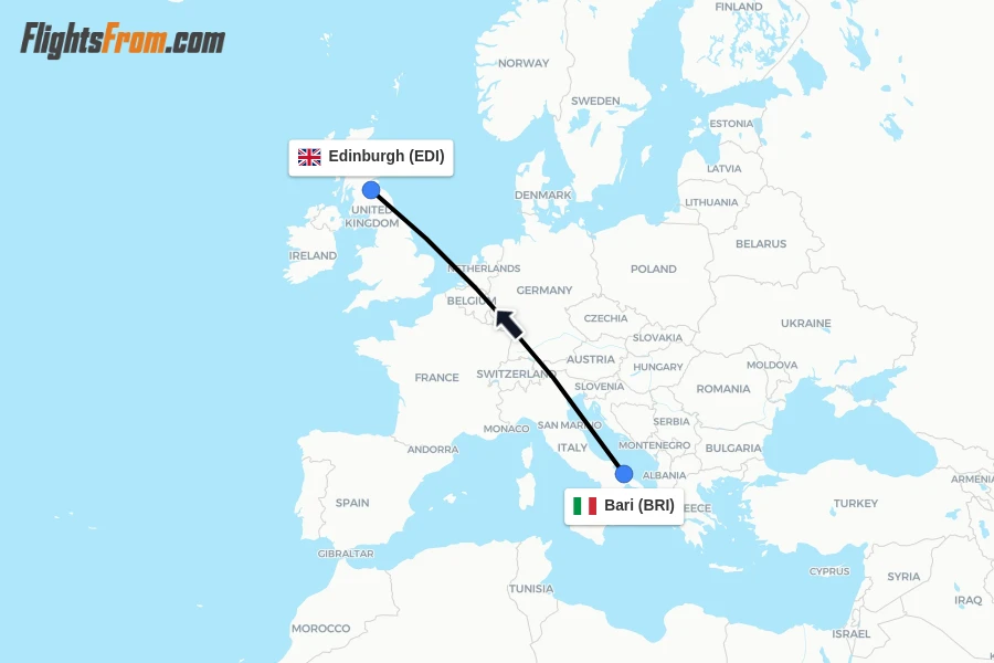 Flights from Bari to Edinburgh route map