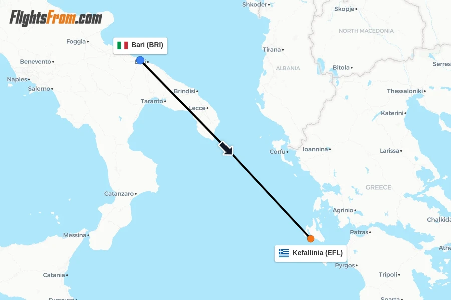 Flights from Bari to Kefallinia route map
