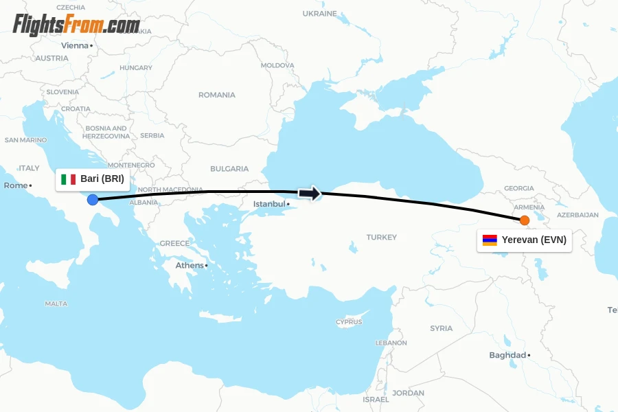 Flights from Bari to Yerevan route map