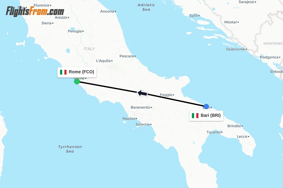 Flights from Bari to Rome route map