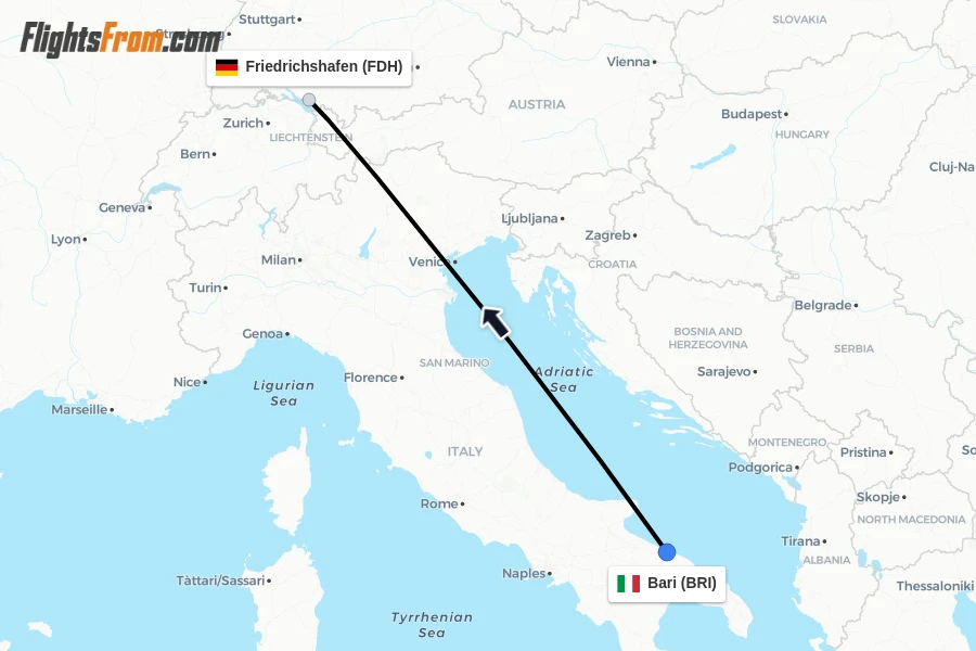 Flights from Bari to Friedrichshafen route map