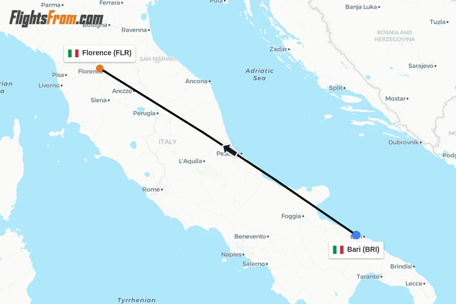 Flights from Bari to Florence route map