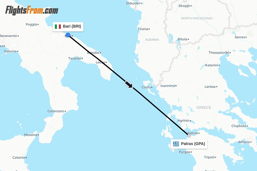 Flights from Bari to Patras route map