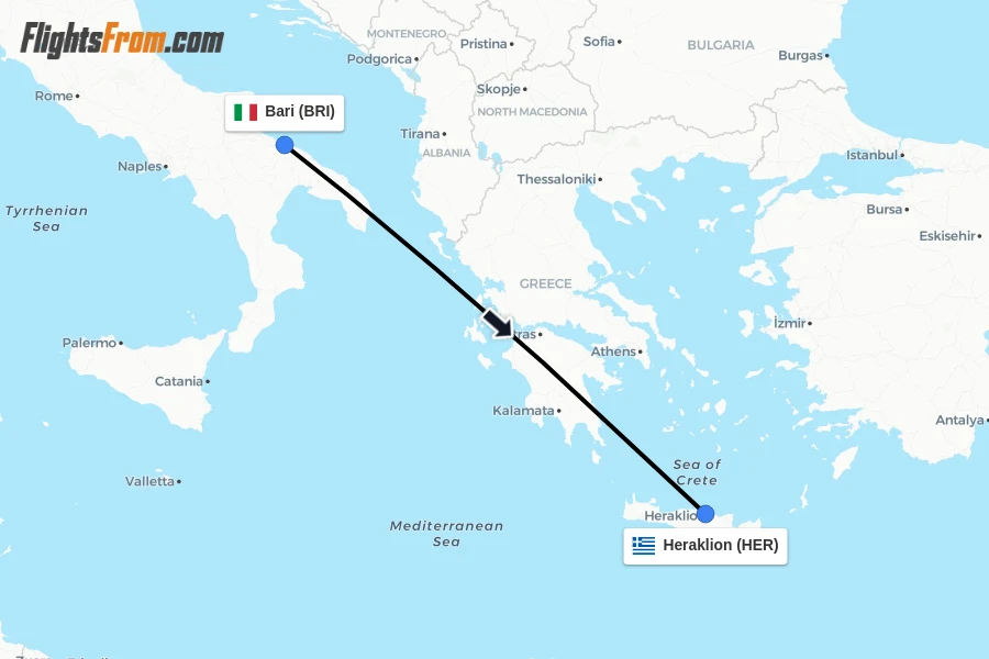 Flights from Bari to Heraklion route map