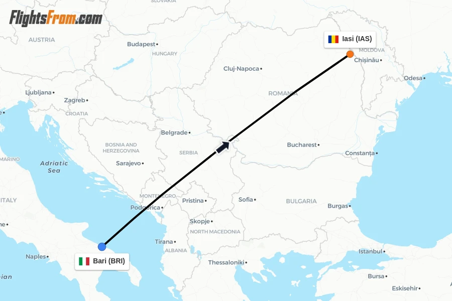 Flights from Bari to Iasi route map