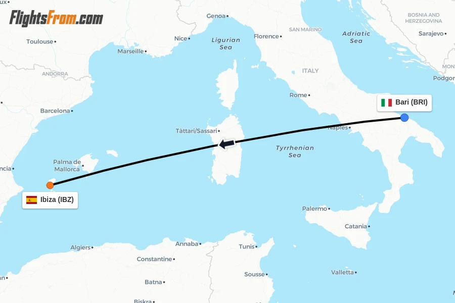 Flights from Bari to Ibiza route map