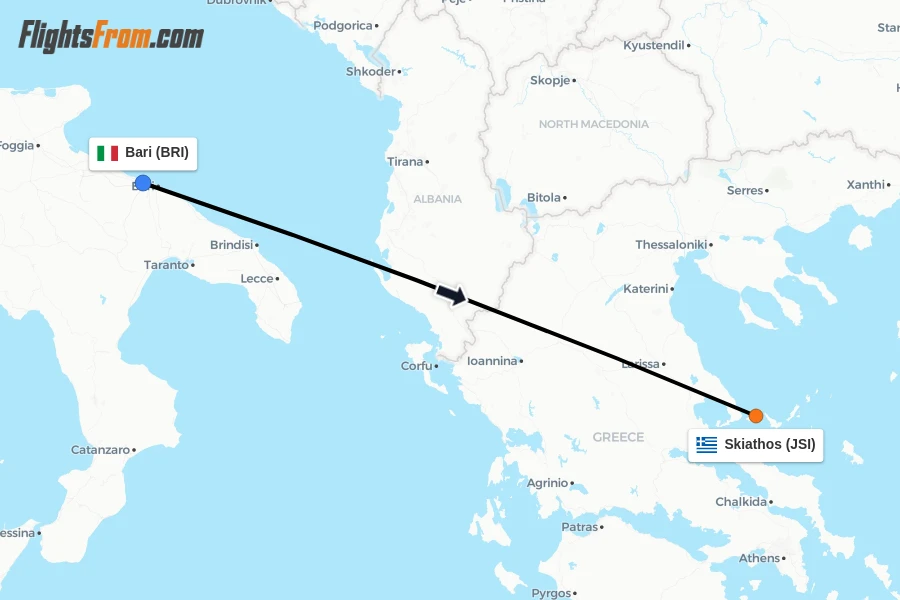 Flights from Bari to Skiathos route map