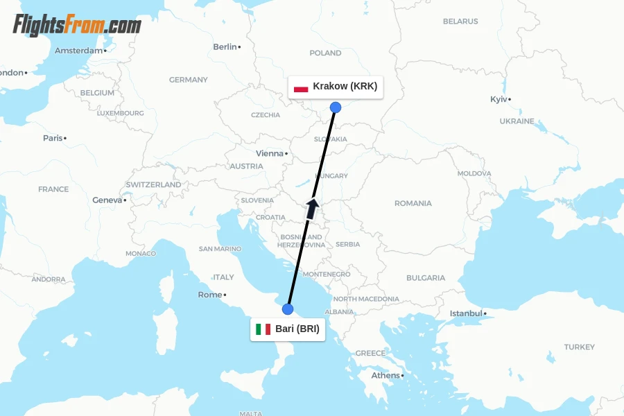 Flights from Bari to Krakow route map
