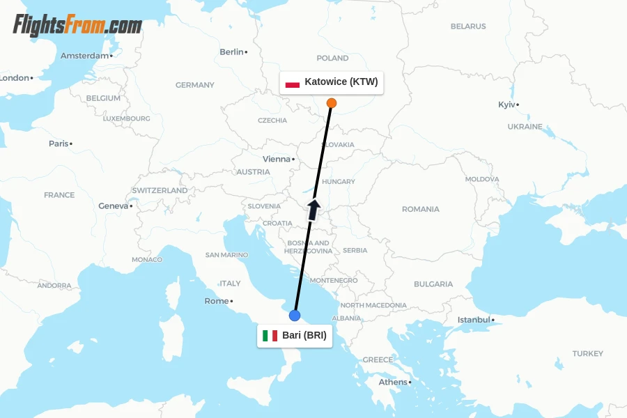 Flights from Bari to Katowice route map