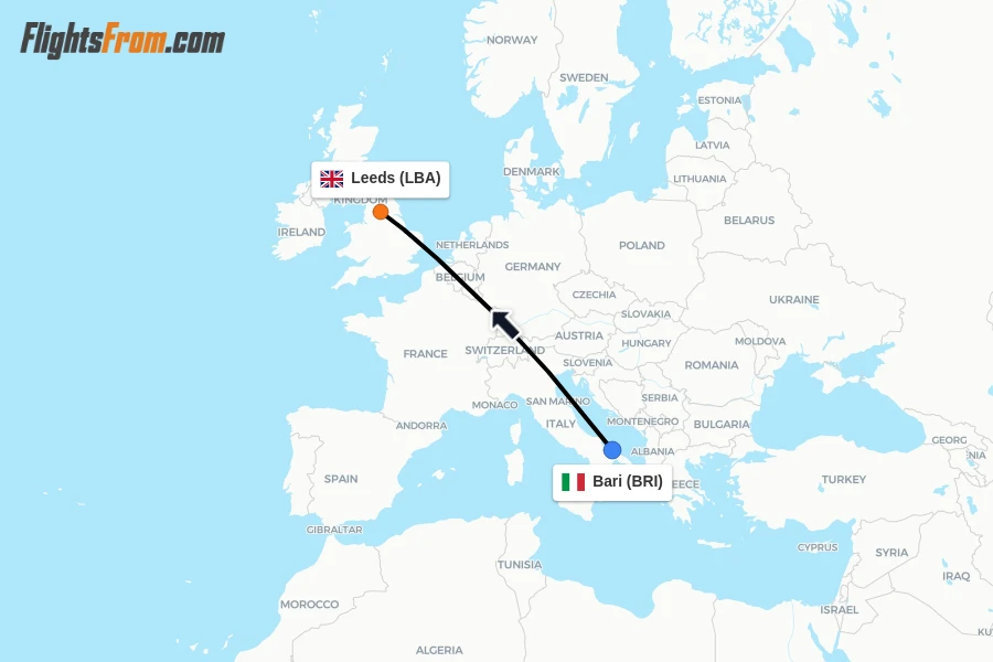 Flights from Bari to Leeds route map