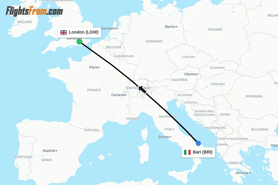 Flights from Bari to London route map