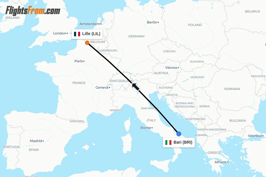 Flights from Bari to Lille route map