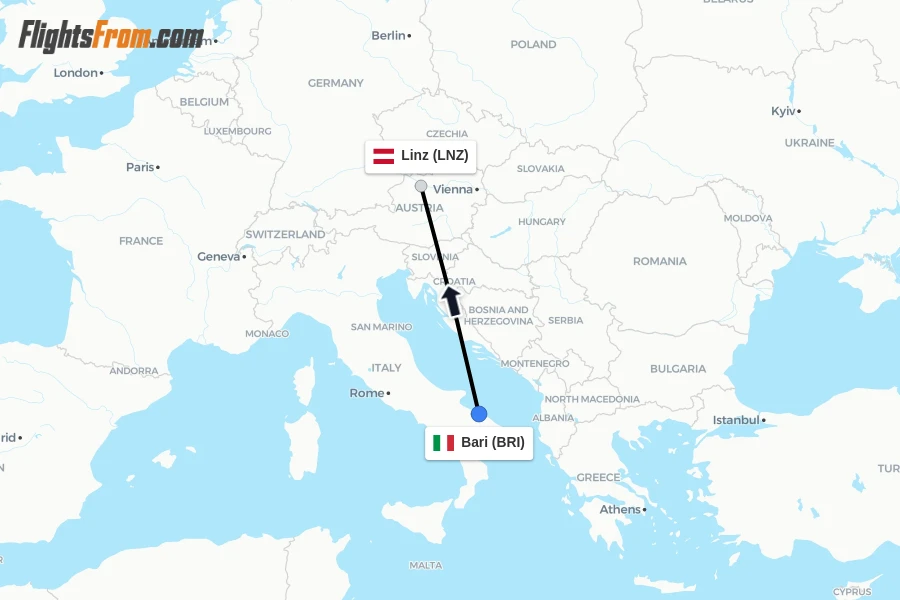 Flights from Bari to Linz route map