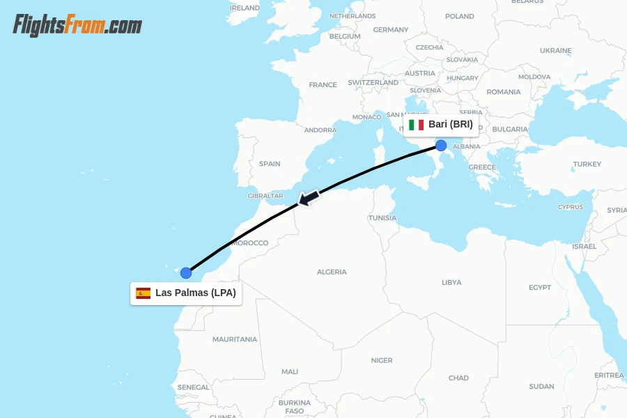Flights from Bari to Las Palmas route map