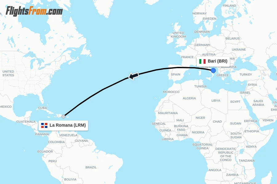 Flights from Bari to La Romana route map