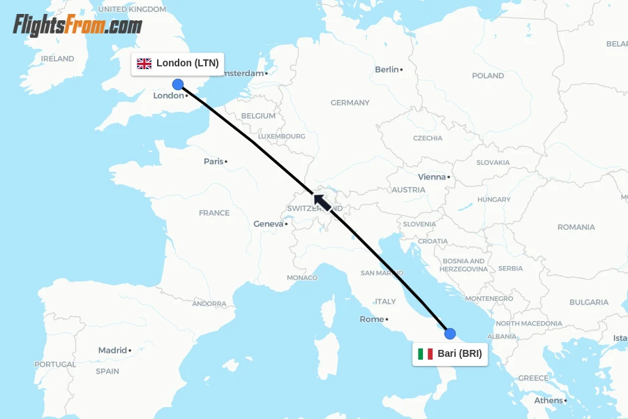 Flights from Bari to London route map