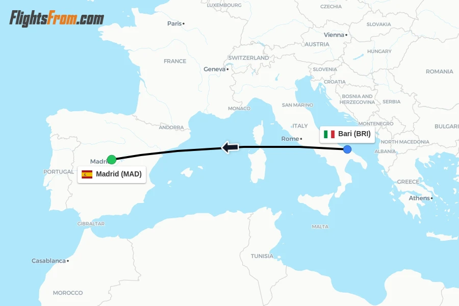 Flights from Bari to Madrid route map
