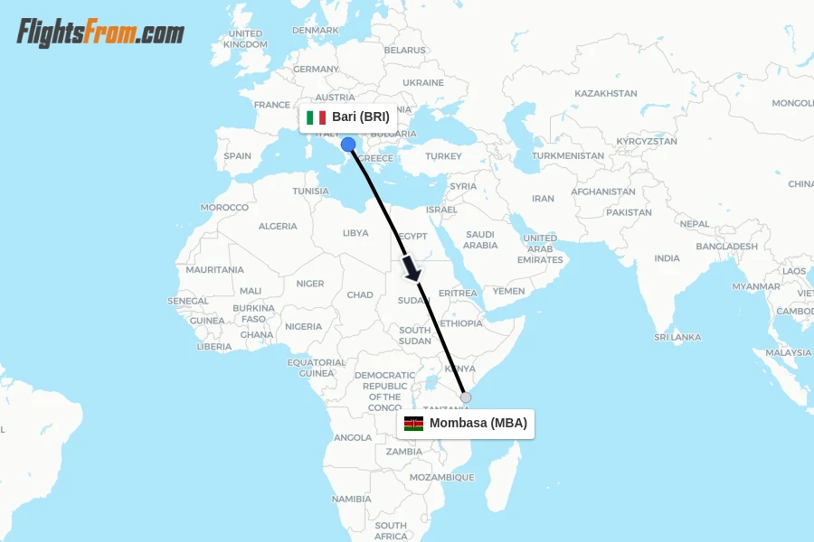 Flights from Bari to Mombasa route map