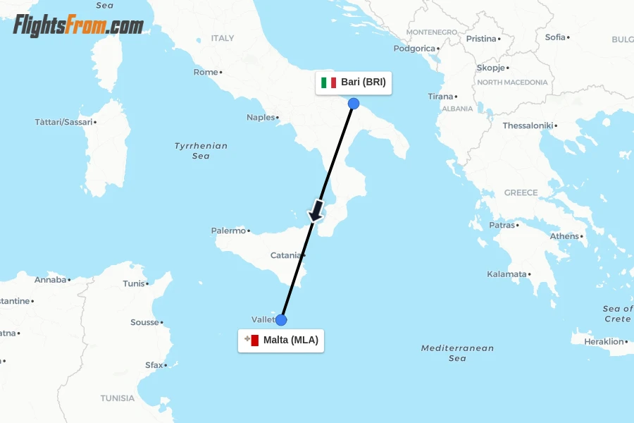 Flights from Bari to Malta route map