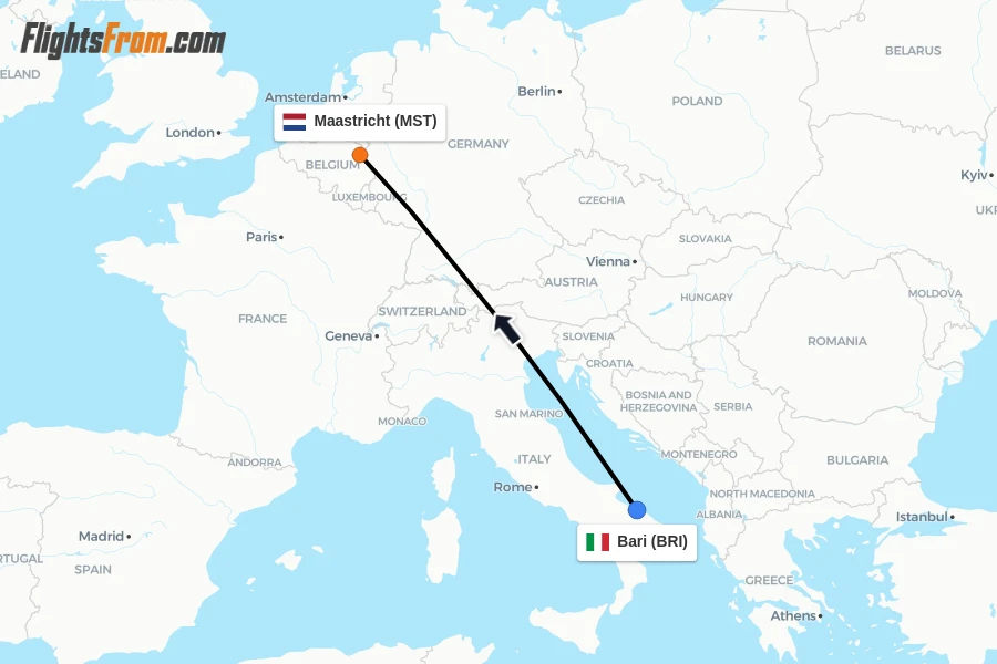 Flights from Bari to Maastricht route map