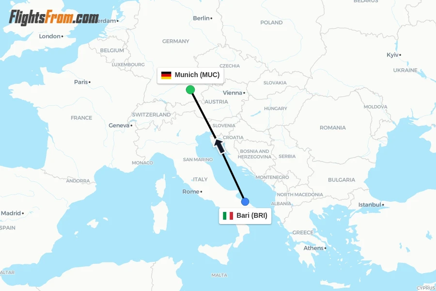 Flights from Bari to Munich route map