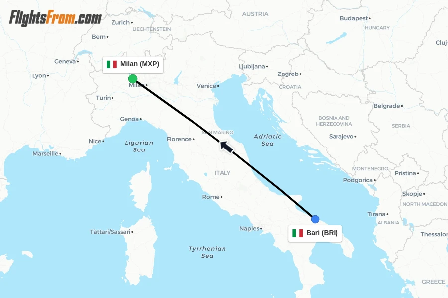 Flights from Bari to Milan route map