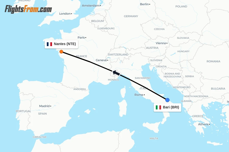 Flights from Bari to Nantes route map
