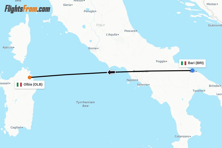 Flights from Bari to Olbia route map