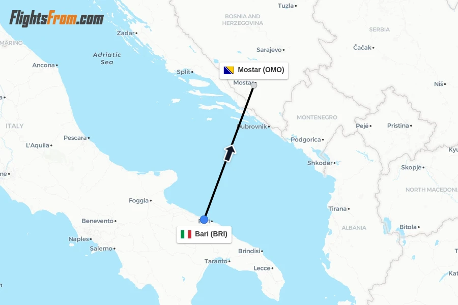 Flights from Bari to Mostar route map