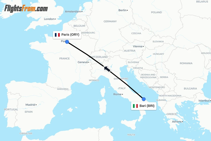 Flights from Bari to Paris route map