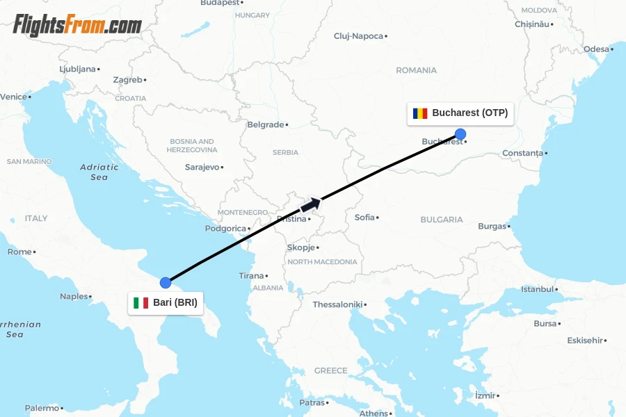 Flights from Bari to Bucharest route map